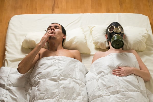 smoking in bed with faux sleep apnea mask